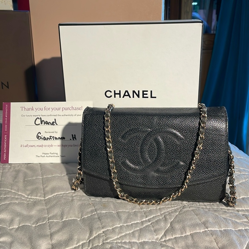 Chanel Lambskin CC Logo Crossbody with Gold and Black Chain Strap